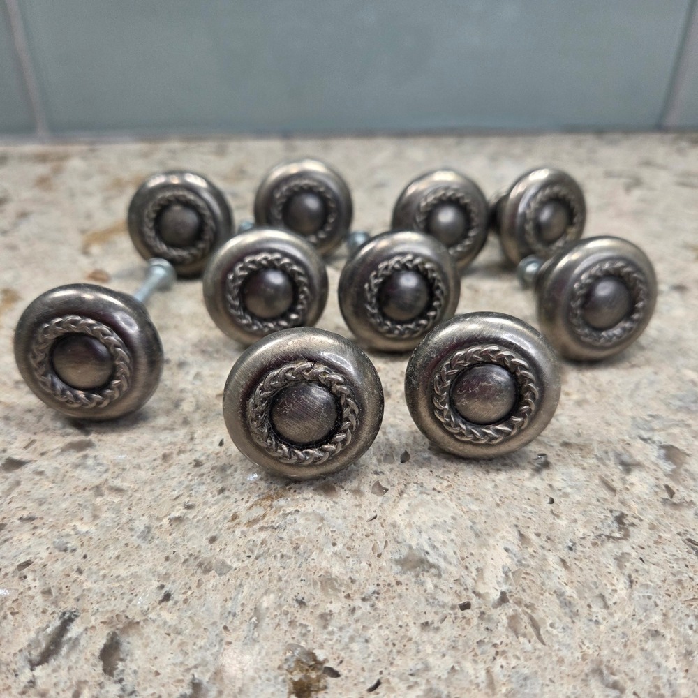 Lot of 10 Vintage Style Metal Cabinet Knobs Drawer Pulls Braided Pewter‎ Finish